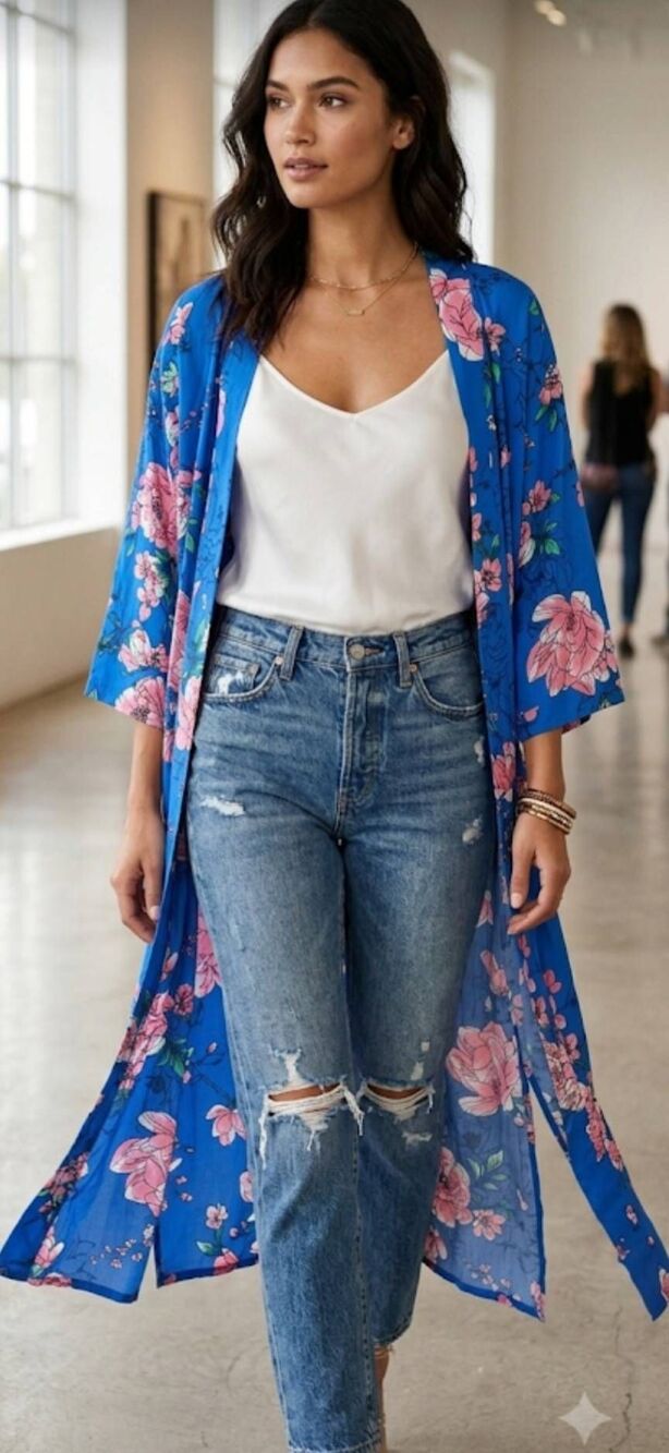 Gili womens long royal blue xlarge floral duster jacket throw over